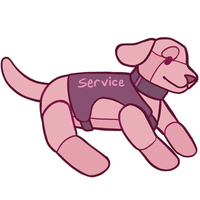 a plush service dog. it's golden or light brown and wears a harness that says 'service'. the image is pink-toned